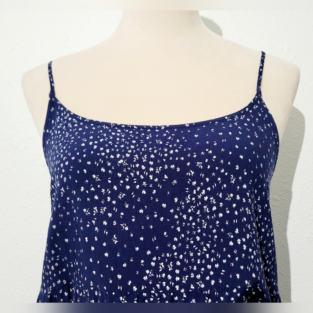 Pink Rose Navy Blue Floral Ruffle Hem Mini Dress Size Medium Boho Summer Tank - Picture 3 of 11